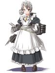  1girl alternate_costume apron asymmetrical_hair bangs cannon enmaided flipped_hair frills gloves grey_eyes kantai_collection machinery maid maid_apron maid_headdress nowaki_(kantai_collection) pantyhose silver_hair solo swept_bangs tatsumi_rei torpedo turret white_gloves wrist_cuffs yellow_necktie 