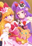  2girls :d absurdres asahina_mirai bear black_gloves black_hat blonde_hair blue_eyes bow brown_background cowboy_shot creature cure_magical cure_miracle gem gloves hair_bow hat highres holding_hands izayoi_liko long_hair looking_at_viewer magical_girl mahou_girls_precure! meimo_(pixiv) mini_hat mini_witch_hat mofurun_(mahou_girls_precure!) multiple_girls open_mouth pink_bow pink_hat pink_skirt ponytail precure purple_skirt red_bow skirt smile violet_eyes white_gloves witch_hat 
