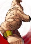  1boy beard bracer clenched_hands facial_hair gameplay_mechanics garakuta head_down highres lariat male_focus mohawk muscle scar shirtless short_shorts shorts solo spinning street_fighter thick_thighs thighs veins zangief 