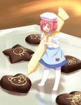  1girl :d akaza_akari chocolate double_bun hair_bun icing minigirl namori_(fictional_persona) open_mouth redhead shikousakugo smile solo violet_eyes white_legwear yuru_yuri 