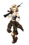  1girl android_18 armband assault_rifle bandaged_arm black_gloves blonde_hair boots breasts camouflage camouflage_pants cleavage clothes_around_waist dragon_ball dragon_ball_z earrings facial_mark finger_on_trigger full_body gloves grey_eyes gun jacket_around_waist jewelry koh_(oab71kq3) m16 navel pants pouch rifle single_glove solo tank_top torn_clothes weapon 
