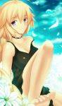  1girl ahoge barefoot blonde_hair braid breasts choker cleavage collarbone fate/apocrypha fate/grand_order fate/stay_night fate_(series) feet highres large_breasts long_hair looking_at_viewer off_shoulder ruler_(fate/apocrypha) single_braid solo type-moon violet_eyes 