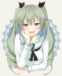  1girl :d anchovy breasts drill_hair girls_und_panzer grey_eyes grey_hair highres long_hair looking_at_viewer mashimaru_(muzikluva) open_mouth school_uniform serafuku smile solo twin_drills 