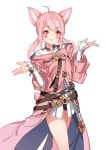  1girl ahoge animal_ears bare_legs blush cat_ears dress final_fantasy final_fantasy_xiv long_hair long_sleeves looking_at_viewer miqo&#039;te pink_eyes pink_hair popoccpo sidelocks sleeves_past_wrists slit_pupils smile solo tail twintails 