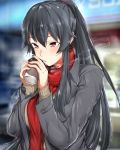  :o black_coat black_hair blurry_background blush building coat coffee_cup eyebrows eyebrows_visible_through_hair hair_between_eyes hair_bobbles hair_ornament holding_cup kantai_collection long_sleeves open_clothes open_coat outdoors parted_lips ponytail red_eyes red_scarf scarf shop sleeves_past_wrists steam sweatdrop sweater teeth tsurime upper_body yahagi_(kantai_collection) yakitomeito 