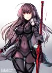  armor bodysuit covered_navel fate/grand_order fate_(series) highres karlwolf polearm purple_hair red_eyes scathach_(fate/grand_order) spear weapon 