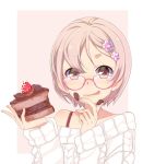  1girl :q blonde_hair blush bra_strap cake chocolate chocolate_cake food food_on_face glasses kawagoe_pochi licking_lips looking_at_viewer off_shoulder original red_eyes short_hair smile solo sweater tongue tongue_out 