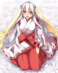  1girl :d alric alstroemeria_(flower_knight_girl) bow flower_knight_girl full_body japanese_clothes kimono kneeling long_hair looking_at_viewer miko open_mouth red_bow smile solo veil white_hair yellow_eyes 