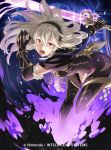  1girl armor cape fire_emblem fire_emblem_cipher fire_emblem_if gauntlets gloves glowing glowing_weapon hairband highres holding_weapon long_hair looking_at_viewer my_unit_(fire_emblem_if) open_mouth red_eyes solo sword weapon white_hair 