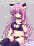  1girl animal_ears bell bell_choker blush bow cat_ear_panties cat_ears cat_lingerie choker cleavage_cutout collarbone crescent_hair_ornament hair_bow hair_ornament heart heart-shaped_pupils kemonomimi_mode kuze_matsuri long_hair looking_at_viewer midriff navel patchouli_knowledge purple_hair sitting solo symbol-shaped_pupils thigh-highs touhou underwear violet_eyes 