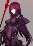  1girl armor bodysuit covered_navel fate/grand_order fate_(series) long_hair polearm purple_hair red_eyes scathach_(fate/grand_order) solo spear weapon 