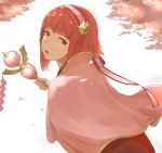  1girl akuria back brown_eyes cape cherry_blossoms fire_emblem fire_emblem_if hairband highres open_mouth pink_hair sakura_(fire_emblem_if) simple_background solo staff white_background 