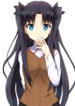 1girl black_hair black_ribbon black_skirt blue_eyes fate/stay_night fate_(series) hair_ribbon highres long_hair looking_at_viewer ribbon school_uniform simple_background skirt smile solo toosaka_rin unscpro white_background 