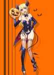  1girl ayase_eli bangs boots breasts demon_tail detached_sleeves hair_down halloween high_heels horns looking_at_viewer love_live!_school_idol_project makeup mikawa_miso navel panties pumpkin single_boot solo tail tattoo thigh-highs underwear 