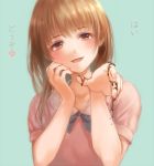  1girl :d blush brown_eyes brown_hair chocolate chocolate_on_fingers collarbone dripping fingernails fingers green_background hand_on_own_cheek heart looking_at_viewer nail_polish nishizawa open_mouth original pink_nails pink_shirt shirt short_hair short_sleeves simple_background smile solo translated tsurime 