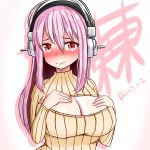  1girl blush breasts cleavage cleavage_cutout hands_on_own_chest headphones heart heart-shaped_pupils highres large_breasts long_hair looking_at_viewer nitroplus open-chest_sweater pink_hair red_eyes ribbed_sweater smile solo super_sonico sweater symbol-shaped_pupils tras030303 turtleneck turtleneck_sweater 