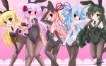  5girls animal_ears black_hair blonde_hair blue_hair bow bowtie bunny_tail bunnysuit detached_collar elbow_gloves gloves green_eyes highres kanijiru kotonoha_akane kotonoha_aoi long_hair low_twintails multiple_girls pantyhose pink_hair purple_hair rabbit_ears red_eyes short_hair standing tail touhoku_zunko tsurumaki_maki twintails violet_eyes voiceroid yellow_eyes yuzuki_yukari 