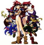  2boys 2girls 90s armor artist_request blue_eyes blue_hair boots breastplate cape crossed_arms dark_persona elf fingerless_gloves gaw_(popful_mail) gloves green_hair hair_ornament hat leotard looking_back mail_(popful_mail) multiple_boys multiple_girls pointy_ears popful_mail red_eyes shoulder_pads simple_background staff tatto_(popful_mail) white_background wizard_hat 