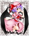  1girl absurdres bat_wings dress finger_to_mouth frills hat highres looking_at_viewer mob_cap purple_hair red_eyes remilia_scarlet ribbon solo touhou wings 
