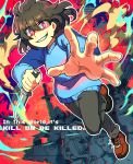  androgynous brown_hair chara_(undertale) denim dutch_angle english grin jeans kabosu knife outstretched_arm pants red_eyes shaded_face short_hair shorts smile sweater undertale 