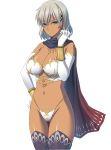  1girl armor bare_shoulders bikini_armor bracelet breasts cape character_name dark_skin earrings elbow_gloves gloves grey_hair hand_on_hip jewelry large_breasts looking_at_viewer m&amp;m midriff original short_hair simple_background solo standing thigh-highs 