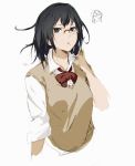  1girl black_eyes black_hair bow character_request glasses open_mouth red_bow school_uniform short_hair so-bin solo sweater_vest 