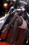  1girl absurdres an_yasuri ass august_von_parseval_(azur_lane) azur_lane banned_artist bare_shoulders black_dress black_footwear black_hair breasts brown_legwear cape clothing_cutout crossed_legs detached_collar dress gloves gold_trim hair_over_one_eye hand_up high_heels highres horns large_breasts long_hair long_sleeves looking_at_viewer off_shoulder shoe_removed sitting sleeveless sleeveless_dress solo thigh-highs thighs under_boob underboob_cutout very_long_hair violet_eyes white_gloves 