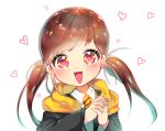  1girl brown_hair hands_clasped harry_potter heart heart-shaped_pupils jewelry mizukoma necktie open_mouth original red_eyes ring robe smile solo striped striped_necktie symbol-shaped_pupils twintails uniform upper_body 
