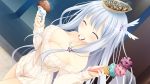  1girl breasts cleavage closed_eyes dutch_angle food food_on_face food_on_head game_cg hair_ornament highres holding_food ice_cream large_breasts long_hair makita_maki naked_sweater noah_(sorcery_jokers) object_on_head silver_hair smile solo sorcery_jokers sweater 