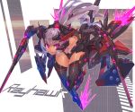  1girl action ass_visible_through_thighs bangs bare_shoulders dual_wielding english eyebrows eyebrows_visible_through_hair fire g.haruka headgear lavender_hair leaning_forward leg_up long_ponytail looking_to_the_side mecha mecha_musume navel original parted_lips pink_eyes pink_fire red_pupils see-through serious shiny shiny_skin short_hair solo sword thighs weapon 