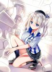  1girl blue_eyes blush breasts employee_uniform kantai_collection kashima_(kantai_collection) kneeling large_breasts lawson long_hair looking_at_viewer name_tag rei_(rei&#039;s_room) sidelocks silver_hair skirt smile solo spill twintails uniform wavy_hair 