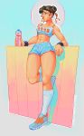  1girl abs against_fence bottle brown_eyes brown_hair casual chun-li double_bun earrings fence hair_ribbon jewelry long_legs madguymao midriff ribbon shoes short_hair short_shorts shorts small_breasts sneakers socks solo sports_bra street_fighter thick_thighs thighs water_bottle wristband 