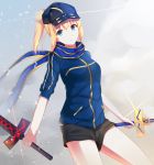  1girl aqua_eyes black_shorts blonde_hair blue_scarf dual_wielding excalibur fate/grand_order fate_(series) hat heroine_x highres holding_sword holding_weapon long_hair ponytail saber scarf shorts solo sword unscpro weapon 