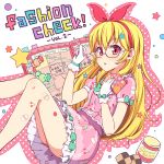  1girl aikatsu! bespectacled blonde_hair blush book glasses gloves hair_ribbon hoshimiya_ichigo jam long_hair open_mouth pencil red_eyes ribbon skirt solo takanashi_sora_(soramyon) 