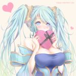  1girl absurdres aqua_eyes aqua_hair bangs bare_shoulders blue_dress blush breasts chocolate chocolate_heart covered_mouth detached_sleeves dress hair_ornament happy_valentine heart highres hiiro_(3073799) large_breasts league_of_legends long_hair looking_at_viewer sona_buvelle swept_bangs twintails upper_body valentine very_long_hair 