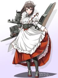  1girl alternate_costume apron black_legwear bow_(weapon) brown_eyes brown_hair crossbow enmaided flight_deck headband headgear kantai_collection machinery maid maid_headdress open_mouth pantyhose radar red_blouse red_skirt sash skirt smokestack solo taihou_(kantai_collection) tatsumi_rei thigh-highs weapon 