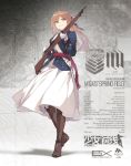  1girl belt blue_jacket blue_ribbon bolt_action boots brown_boots brown_hair duoyuanjun girls_frontline gloves green_eyes gun hair_bun jacket knee_boots long_skirt looking_at_viewer m1903_springfield m1903_springfield_(girls_frontline) official_art personification ribbon rifle skirt smile solo stats tied_hair transparent_background weapon white_gloves white_skirt 