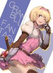  1girl ;d behind_back belt blonde_hair blue_background boots bow brown_boots brown_eyes brown_gloves buckle buttons collarbone copyright_name cowboy_shot djeeta_(granblue_fantasy) dress elbow_gloves gauntlets gloves granblue_fantasy hair_intakes holding_gift leaning_forward looking_at_viewer looking_to_the_side mkd78236 one_eye_closed open_mouth panties pantyshot pantyshot_(standing) pink_bow pink_dress puffy_short_sleeves puffy_sleeves round_teeth sheath sheathed short_hair short_sleeves simple_background smile solo standing sword tareme teeth thigh-highs thigh_boots two-tone_background underwear valentine weapon white_background white_panties 
