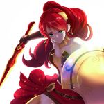  1girl armor armored_boots bare_shoulders belt black_gloves boots breastplate breasts buckle chain cleavage closed_mouth collarbone cowboy_shot detached_collar dual_wielding elbow_gloves emerald gem gloves headpiece holding_sword holding_weapon infinote light light_rays long_hair looking_at_viewer ponytail pyrrha_nikos red_skirt redhead rwby shield simple_background skirt smile solo sword thigh-highs thigh_boots tsurime very_long_hair weapon white_background 