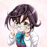  1girl adjusting_glasses blush brown_hair commentary_request glasses green_eyes kantai_collection looking_at_viewer okinami_(kantai_collection) school_uniform side_ponytail smile solo tk8d32 