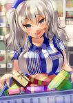  1girl absurdres alternate_costume armadillo-tokage blue_eyes convenience_store employee_uniform hair_between_eyes highres kantai_collection kashima_(kantai_collection) lawson long_hair looking_at_viewer parted_lips shop short_sleeves silver_hair smile twintails uniform upper_body valentine wavy_hair 