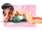  1girl 90s artist_request blush breasts chin_rest long_hair lying masaki_aeka_jurai on_side one-piece_swimsuit pink_background purple_hair red_eyes solo swimsuit tenchi_muyou! 