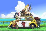  bag bandolier bird black_eyes blonde_hair blue_hair blue_sky breasts bucket bullet_hole car cleavage cloth clouds dragon_ball dual_persona fingerless_gloves floral_print gloves grass gun hairband hat koh_(oab71kq3) lunch_(dragon_ball) midriff motor_vehicle navel ocean radio rifle shoes short_shorts shorts sitting sky smile sneakers socks sun_hat tank_top toriyama_akira_(style) umbrella vehicle weapon 