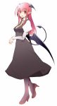  1girl bat_wings demon_tail fang full_body head_wings high_heels koakuma long_hair long_sleeves looking_at_viewer necktie nirap open_mouth pointy_ears puffy_sleeves red_eyes redhead shirt simple_background skirt skirt_set smile solo tail touhou vest white_background wings 