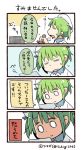  1girl 4koma artist_name bangs comic commentary_request green_hair hat line_(naver) o_o papers personification sailor_hat short_twintails sigh smile solo stamp sweat translation_request tsukigi twintails twitter_username u_u 