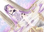  1girl dress etoryoku fate/grand_order fate_(series) hairband long_hair purple_hair sitting solo stheno strapless strapless_dress violet_eyes white_dress 