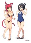  2girls animal_ears bangs bikini black_hair blue_eyes blunt_bangs breasts character_request cleavage flip-flops fox_ears glasses hair_between_eyes heart highres large_breasts looking_at_viewer multiple_girls name_tag newey open_mouth ponytail redhead sandals short_hair signature simple_background small_breasts standing swimsuit tail white_background yellow_eyes 