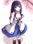  1girl black_hair black_legwear blue_eyes breasts cherry_blossoms cleavage highres long_hair looking_at_viewer original smile solo thigh-highs unscpro 