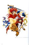  1boy 1girl 90s absurdres armor artist_request blue_eyes blue_hair boots breastplate cloak elf fingerless_gloves gaw_(popful_mail) gloves hat headband highres legs long_hair looking_at_viewer mail_(popful_mail) oldschool open_mouth pointy_ears popful_mail redhead short_hair shoulder_pads simple_background smile staff sword tatto_(popful_mail) weapon wizard 