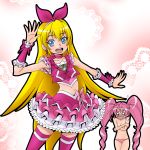  2girls :d blonde_hair blue_eyes blush bow brooch choker covering cowboy_shot crop_top cure_melody cure_melody_(cosplay) dokidoki!_precure earrings embarrassed eunos frilled_skirt frills hair_bow hairband houjou_hibiki jewelry long_hair looking_at_viewer magical_girl multiple_girls o_o open_mouth panties pink_bow pink_hair pink_legwear pink_panties pink_skirt precure regina_(dokidoki!_precure) skirt smile suite_precure thigh-highs topless underwear wrist_cuffs 